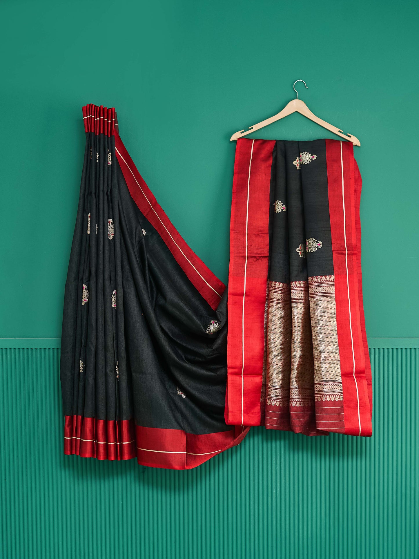 Black meendar booti with red satin border saree