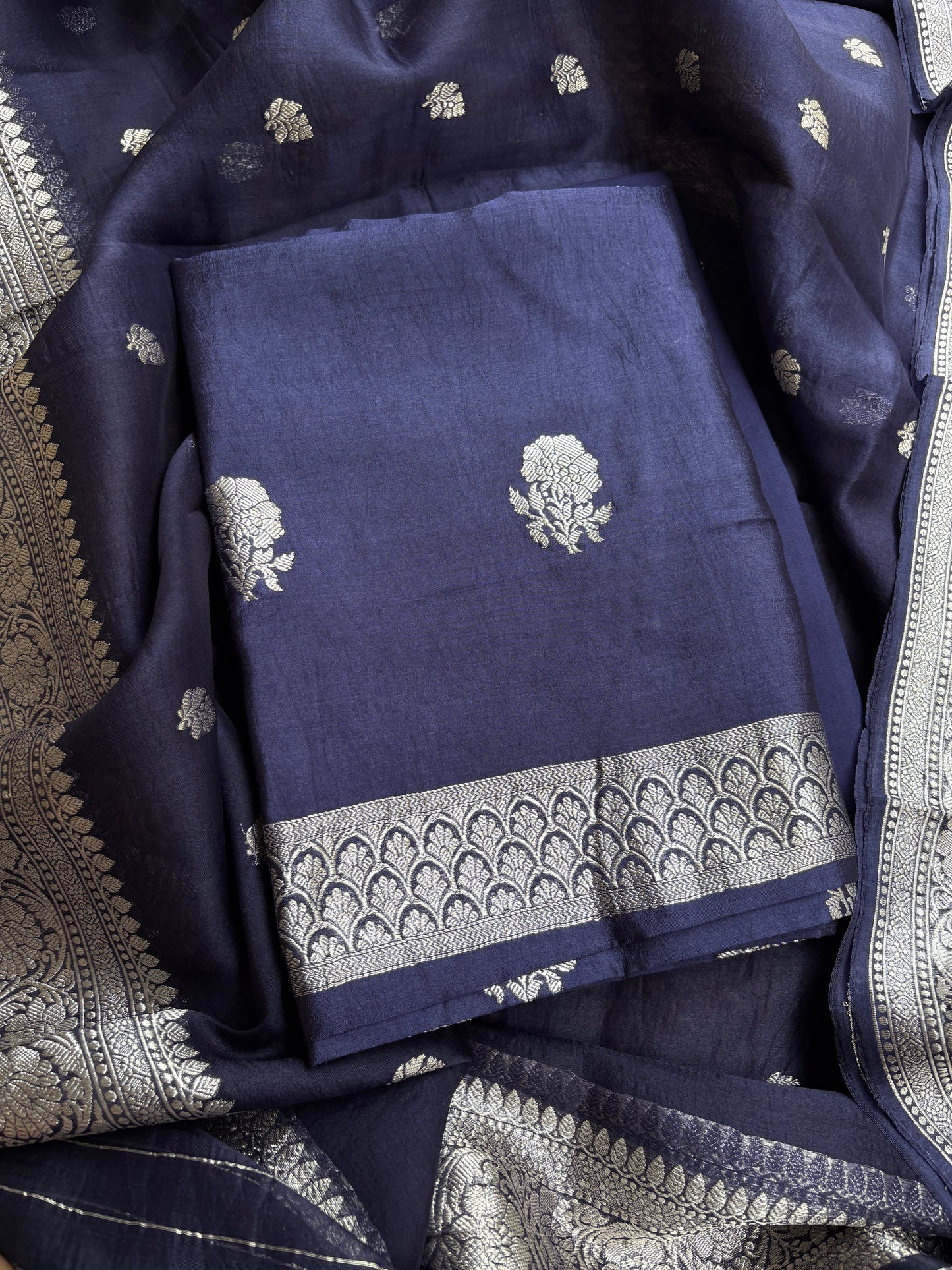 Blue Chiniya kora Chiniya silver zari suit set