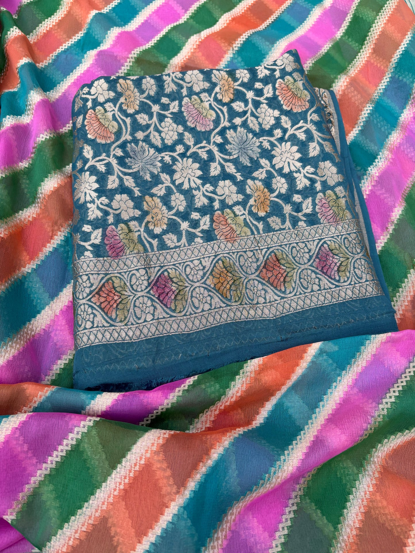 Blue weaving kurta, stripe dupatta , plain bottom