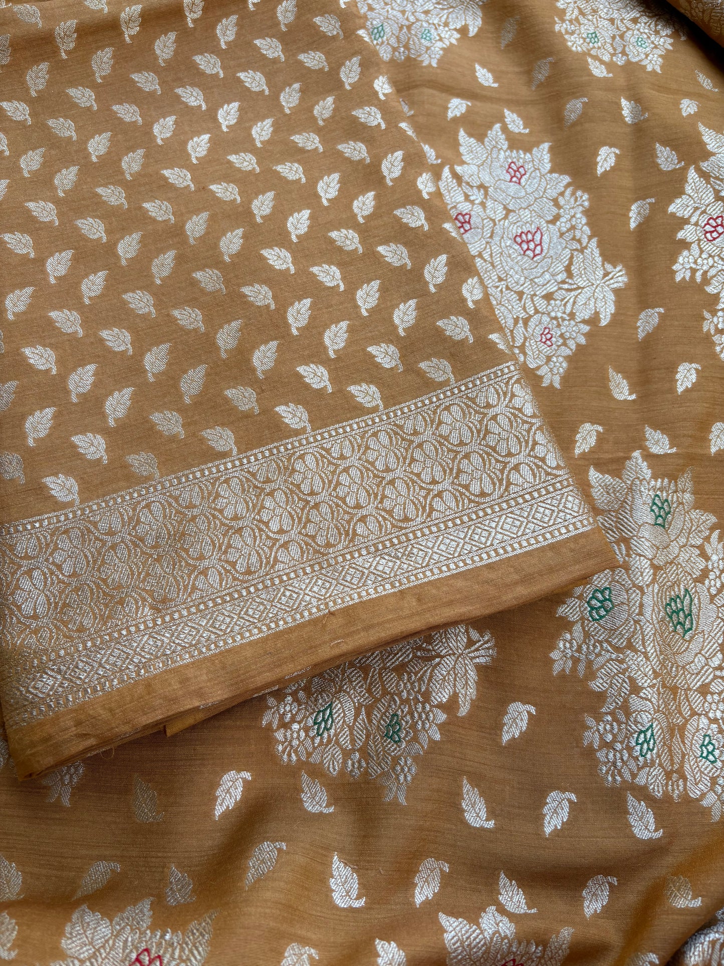 Mustard moonga silk kurta, meenadar Jaal dupatta, plain bottom