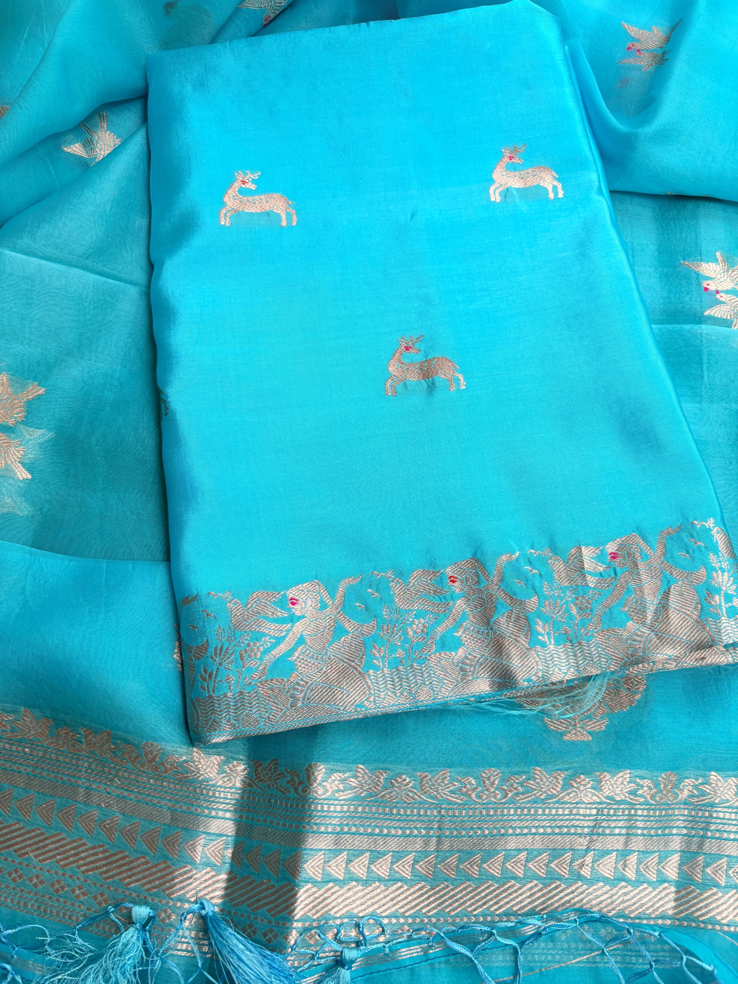 Blue pure silk kadhwa motif suit set