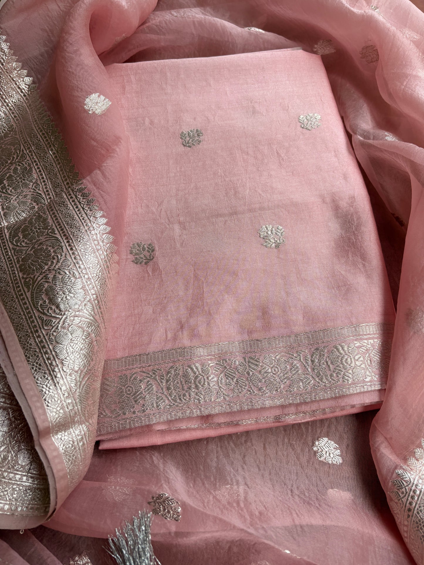 Pink silver zari Chiniya kora silk suit set
