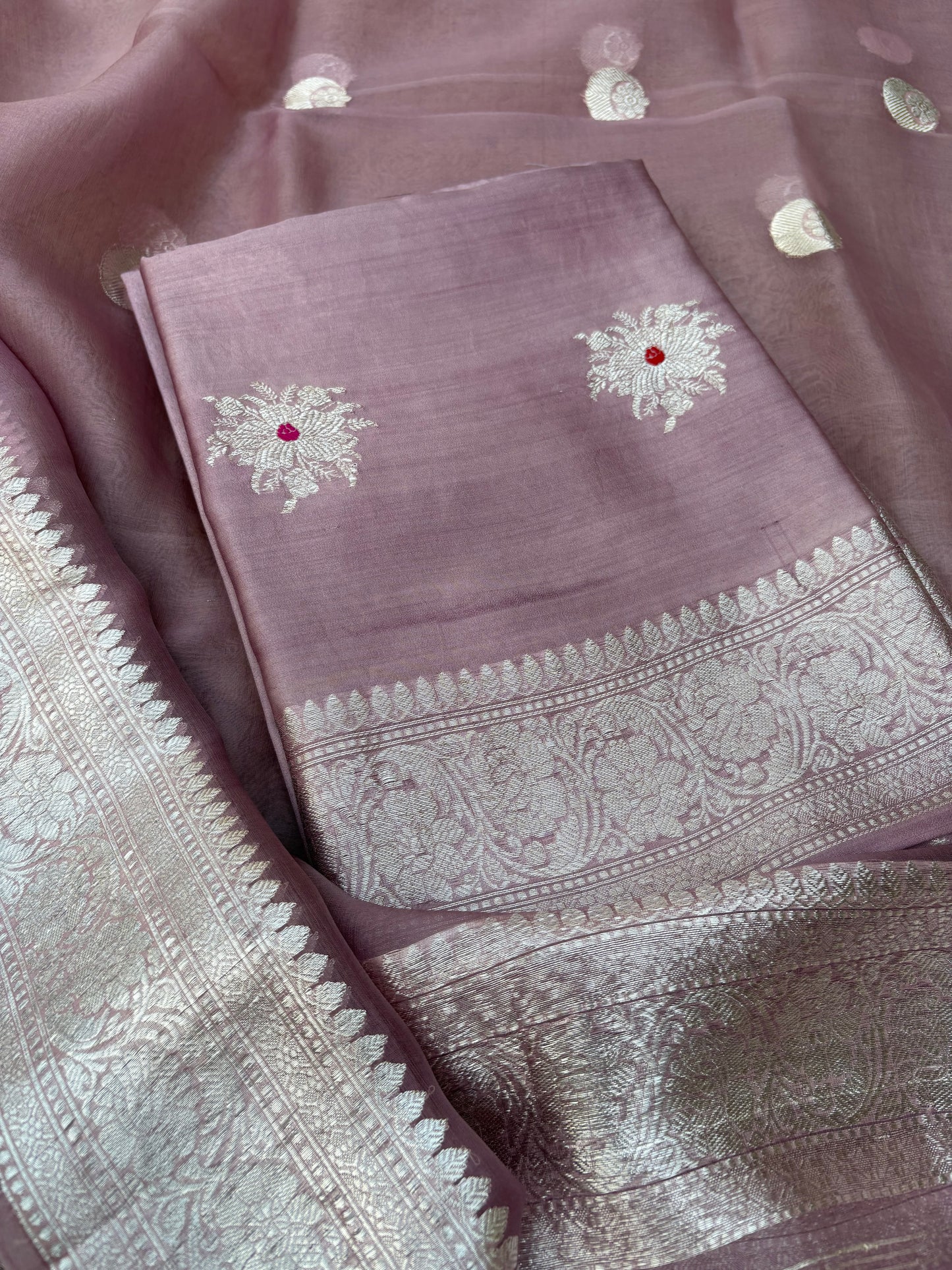 Lavender Chiniya kora silver zari 3 piece suit set