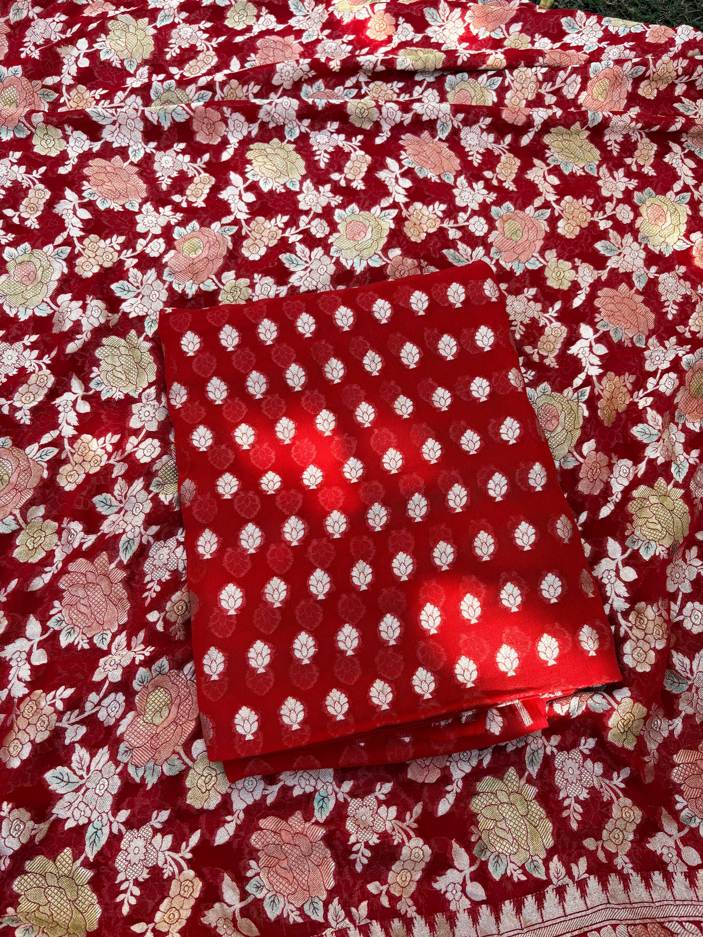 Red Khaddi georgette, hand brushed dupatta, plain bottom