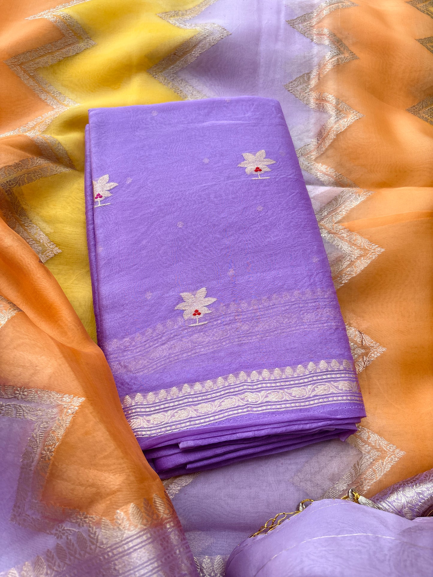 Lavender Kora silk suit with shaded kora dupatta