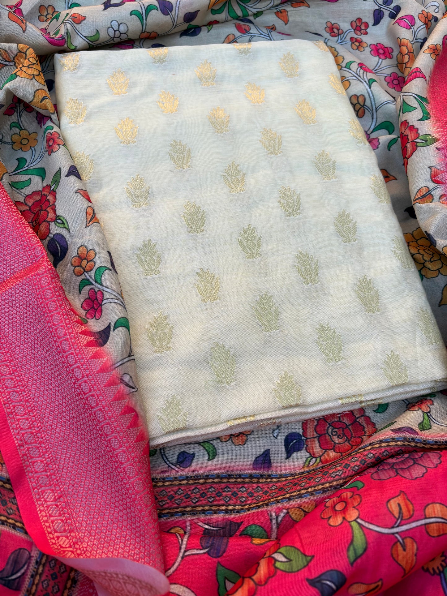 Cream cotton suit with digital printed dupatta, plain bottom
