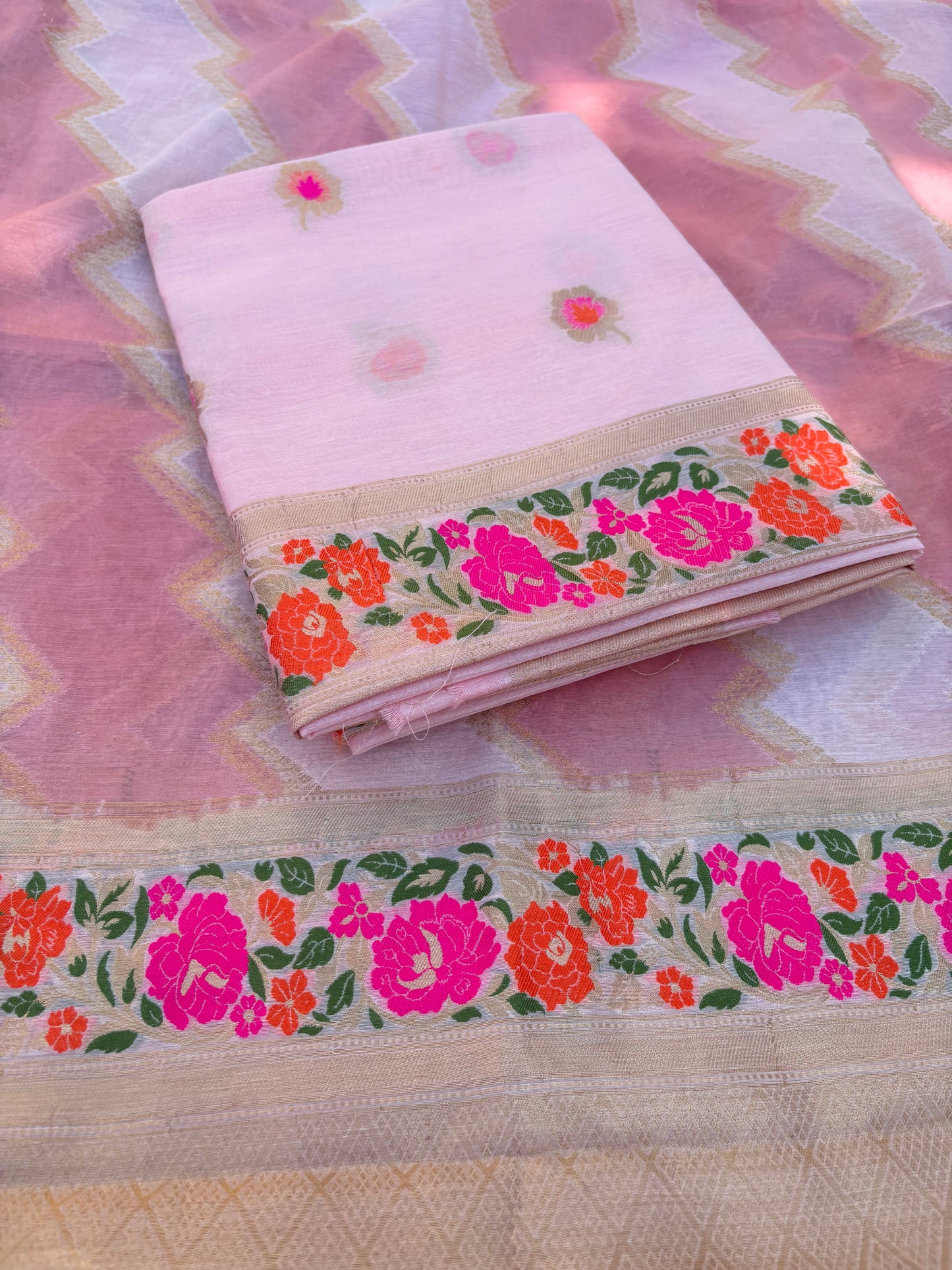 Pink meenadar Chanderi cotton 3 piece suit set