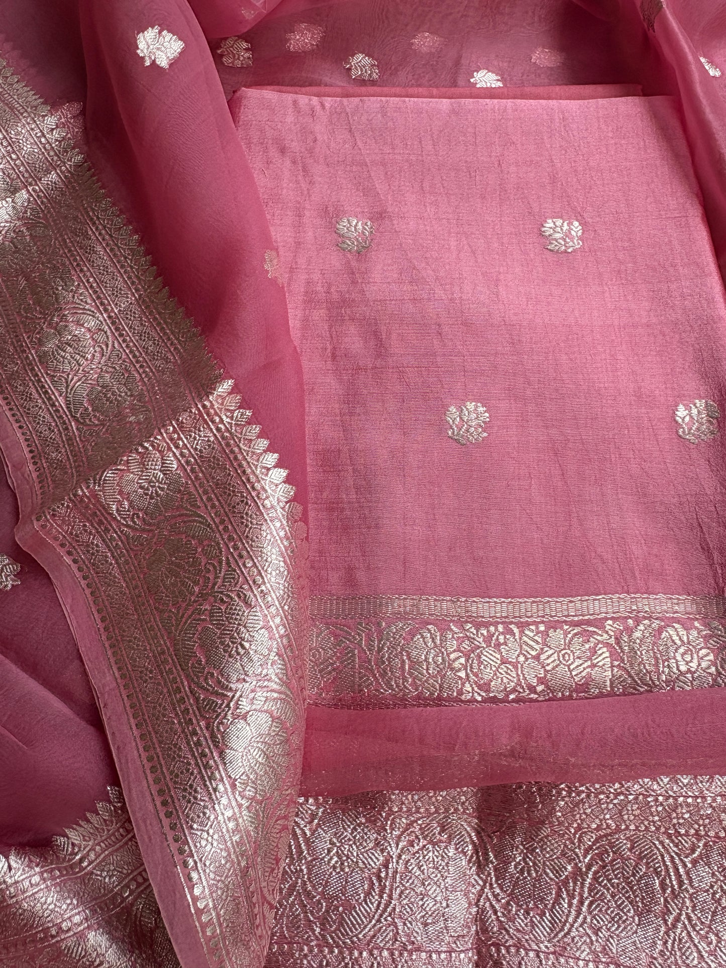 Pink silver zari Chiniya kora suit set