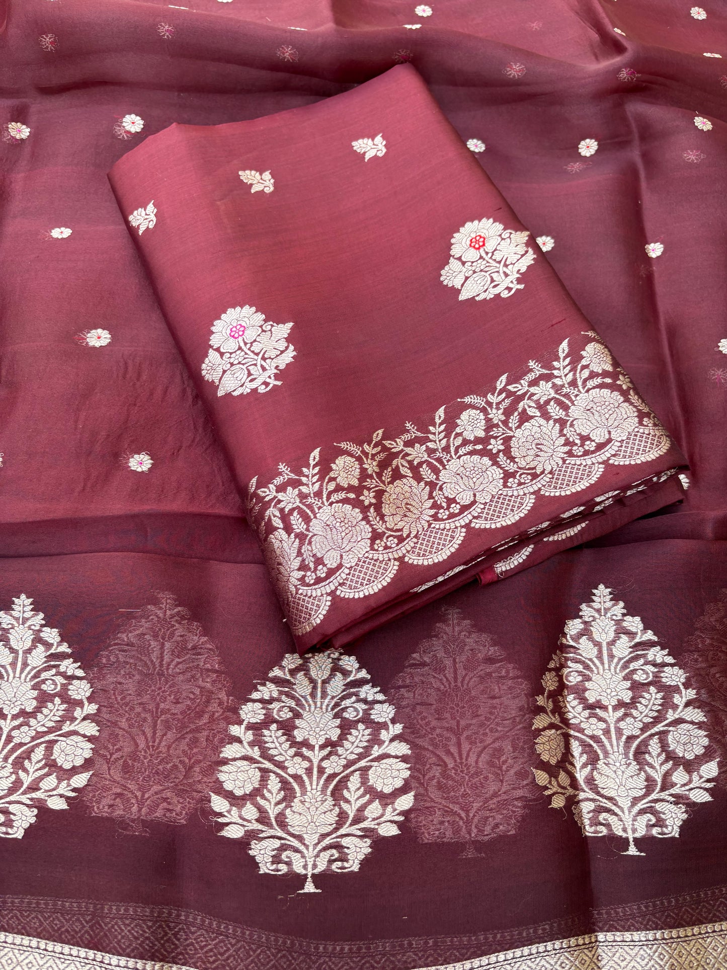 Wine maroon raw mango silk kurta, bottom , kora silk dupatta