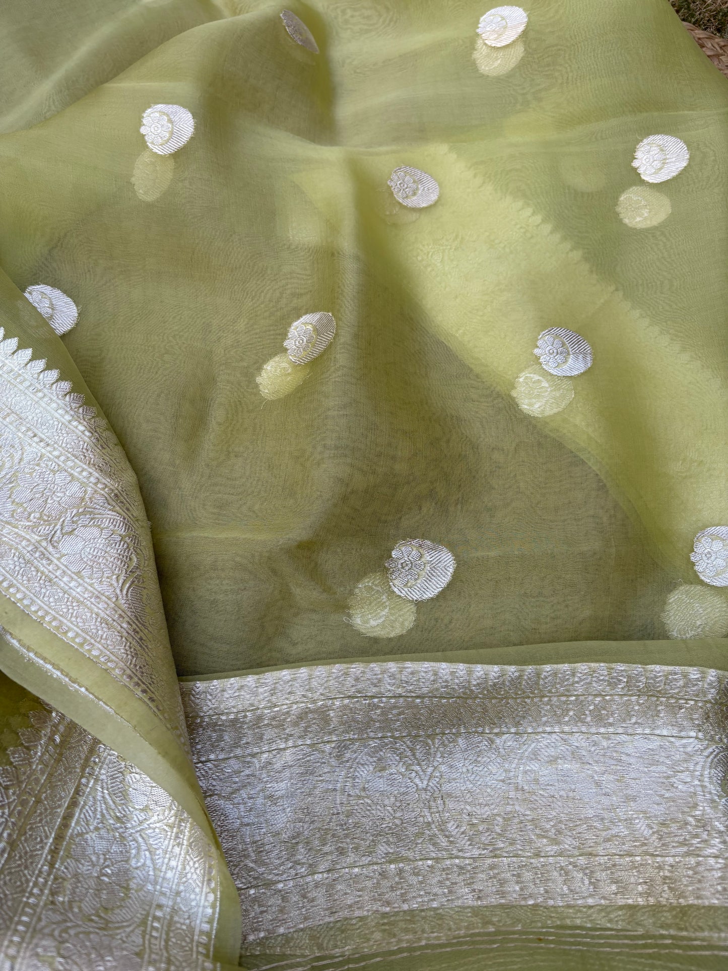 Green Chiniya silk silver zari 3 piece suit set