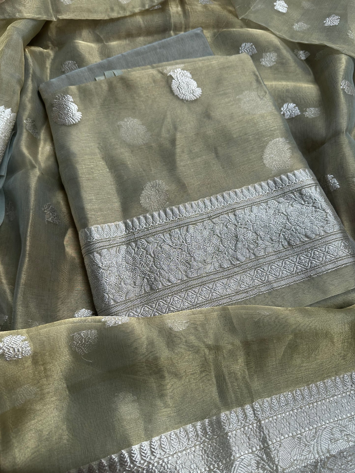Mint green pure silver zari kadhwa tissue suit set