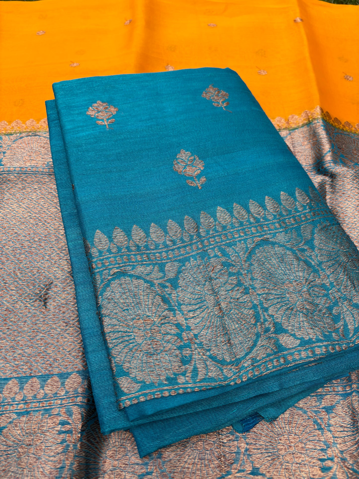 Blue tussar silk kurta, kora silk blue border dupatta, plain silk bottom