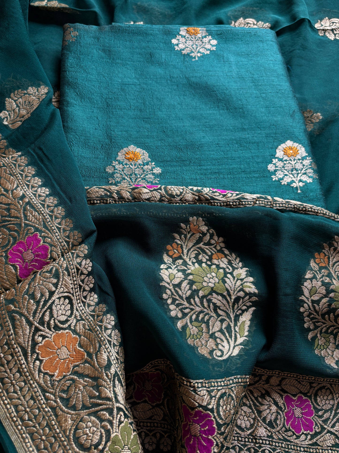 Green raw silk meenadar Kurta, bottom , Khaddi georgette dupatta
