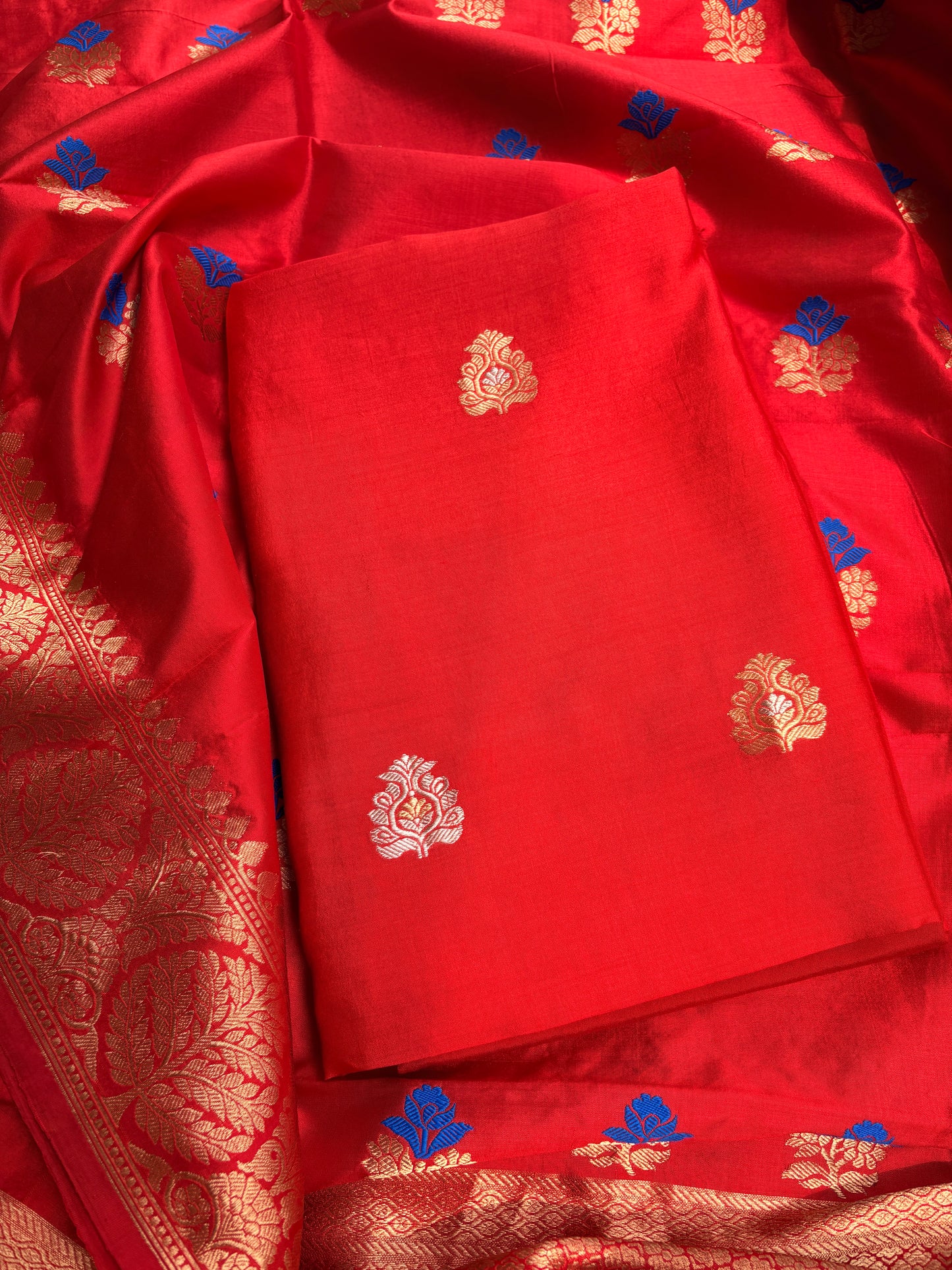 Red pure katan silk kadhwa suit set