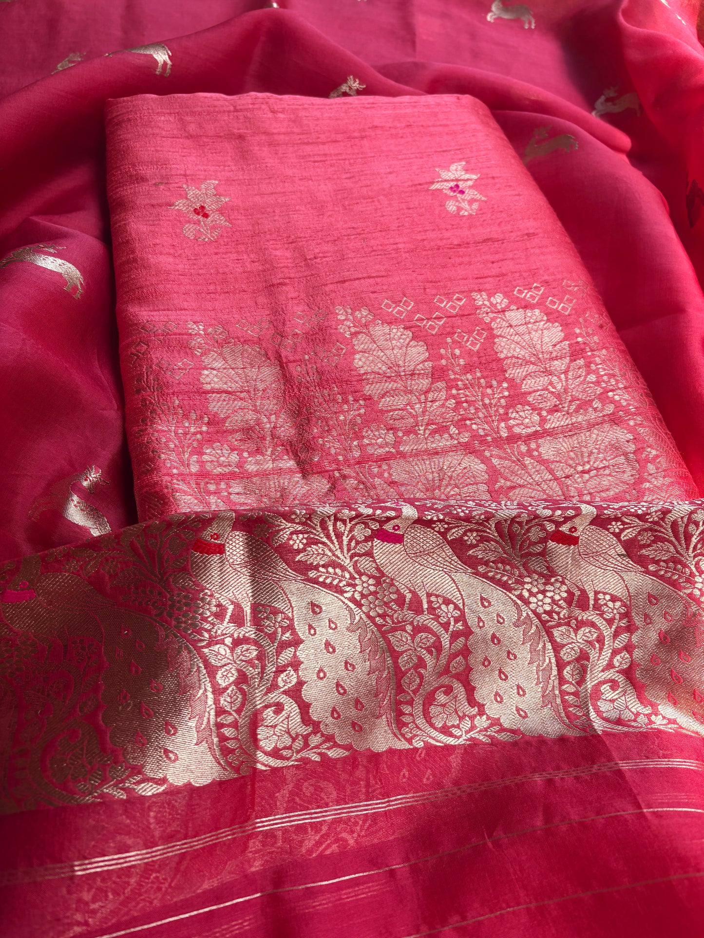 Peach raw silk kurta, bottom , kora silk dupatta