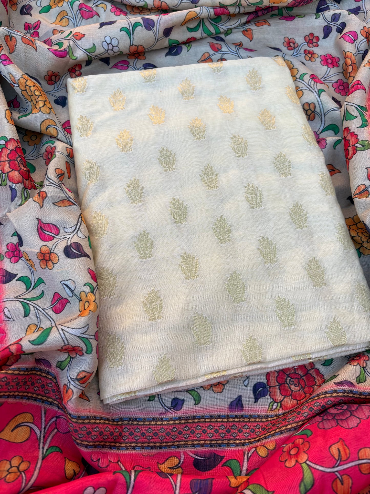 Cream cotton suit with digital printed dupatta, plain bottom