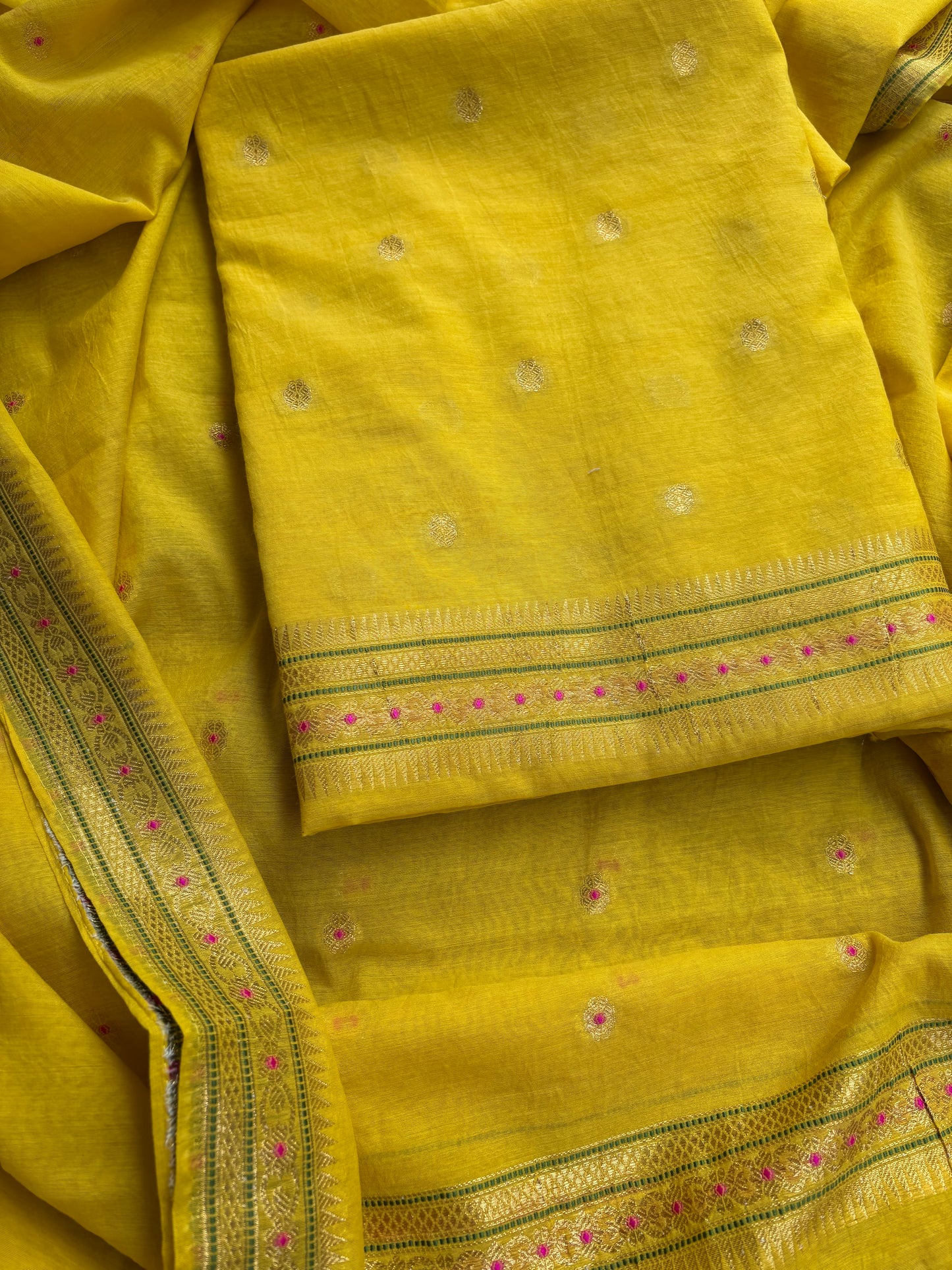 Yellow cotton jamdani 3 piece suit set