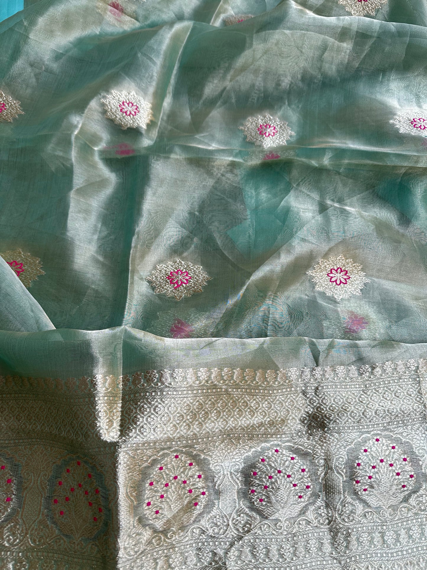 Sky blue chiniya silk kurta, bottom and tissue meendar dupatta