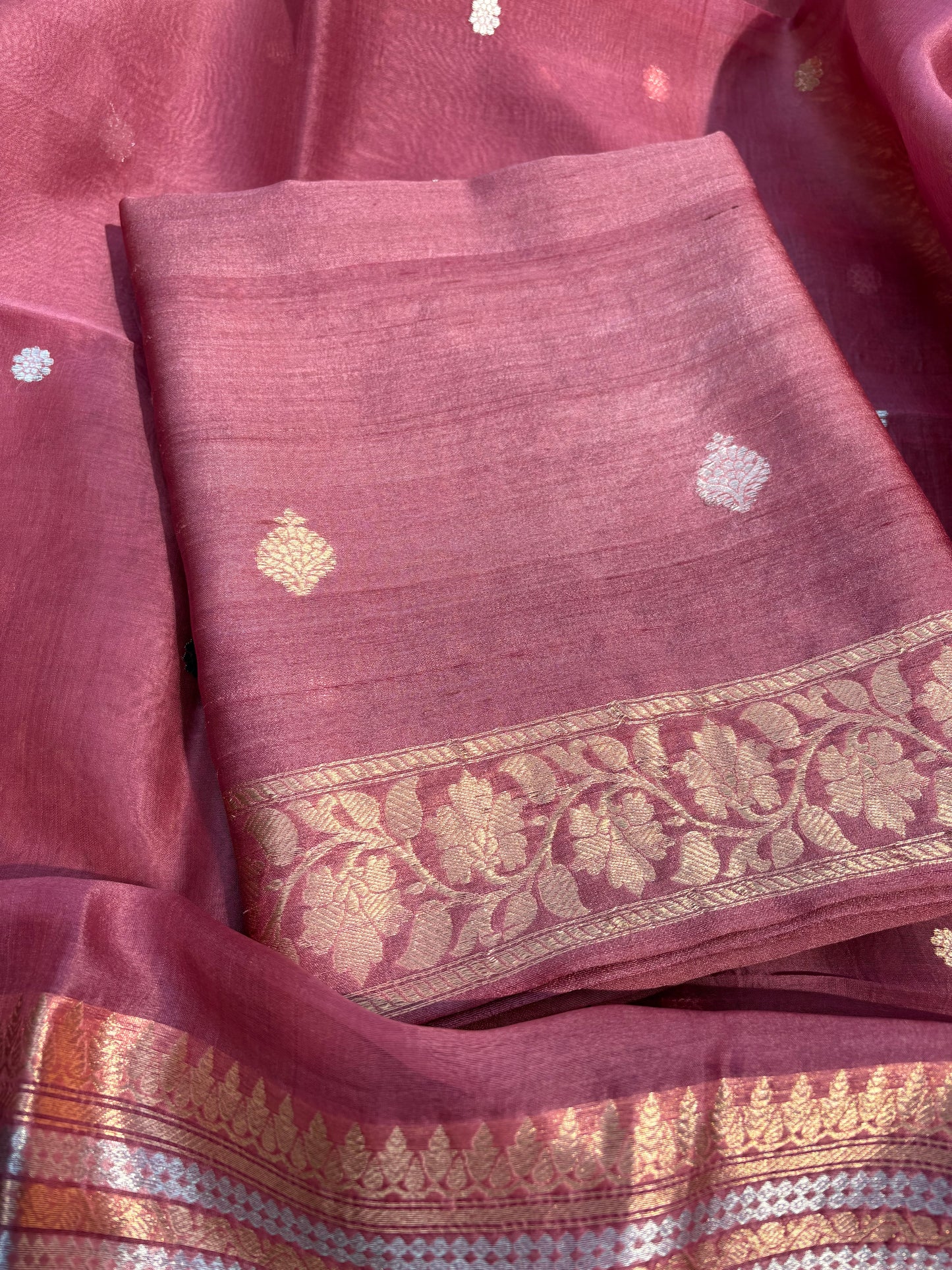 Pink tussar silk kurta, kora silk dupatta, plain silk bottom