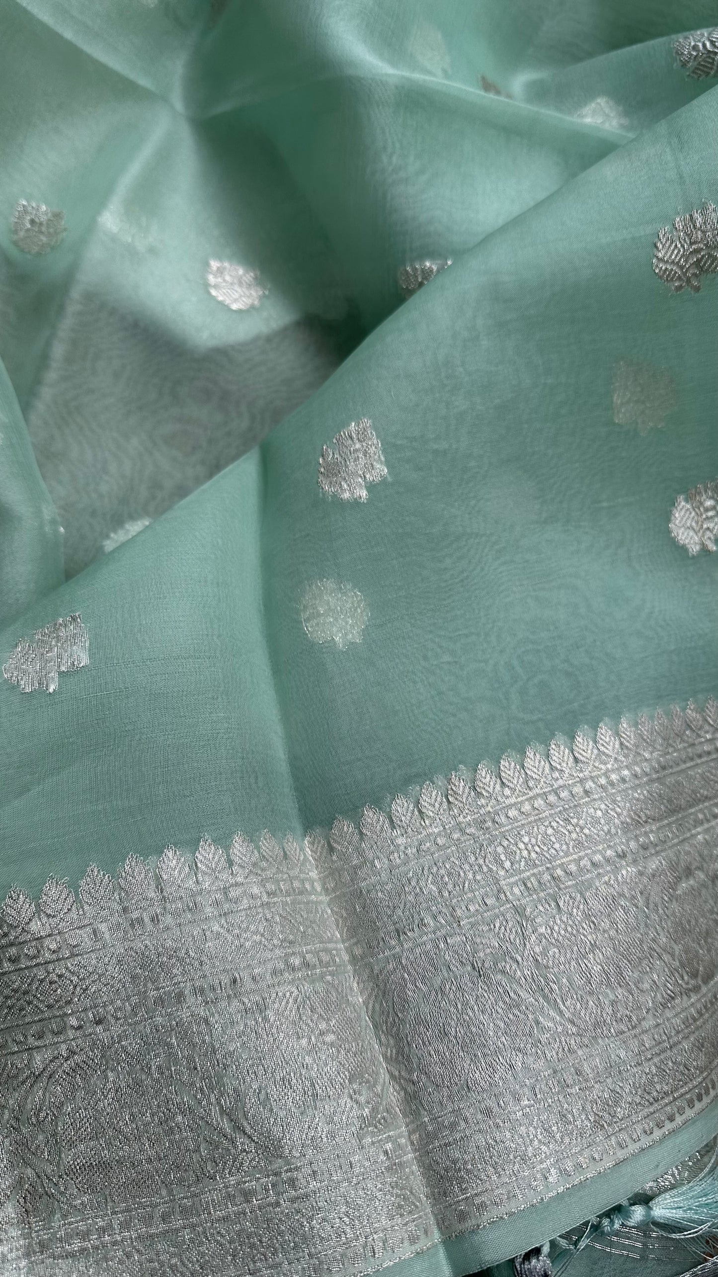 Pastel green pure silver chiniya silk suit, kora silk dupatta, plain silk bottom.
