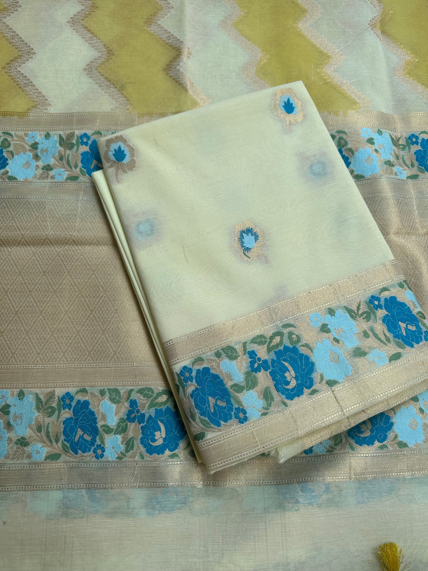 Lime yellow chanderi exclusive weaving 3 piece set