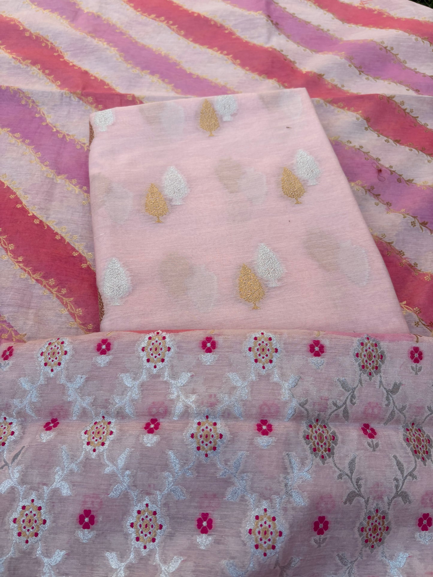 Pink Chanderi kurta, rangkat dupatta , plain bottom