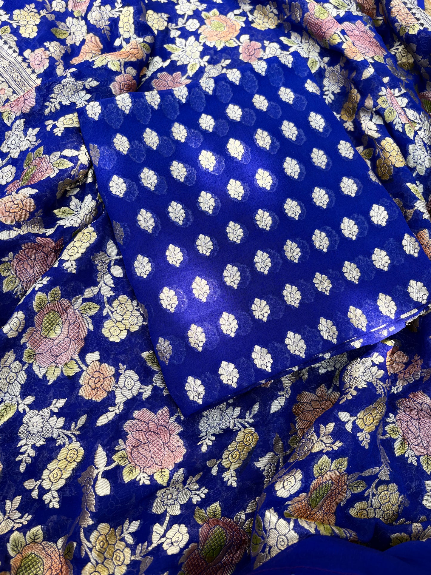 Blue Khaddi georgette kurta, handbrushed dupatta, plain bottom