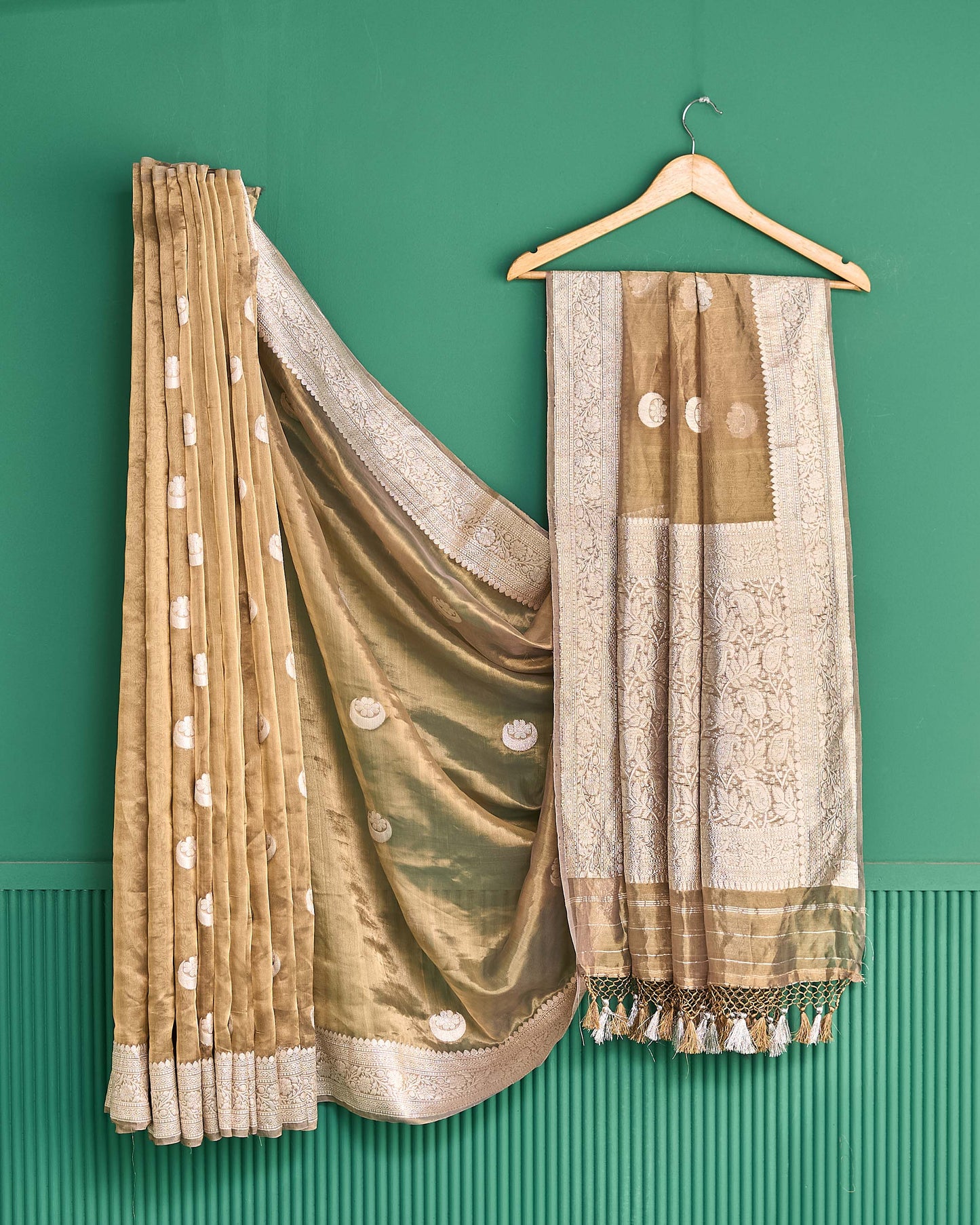 Golden pure silver chand tara tissue saree
