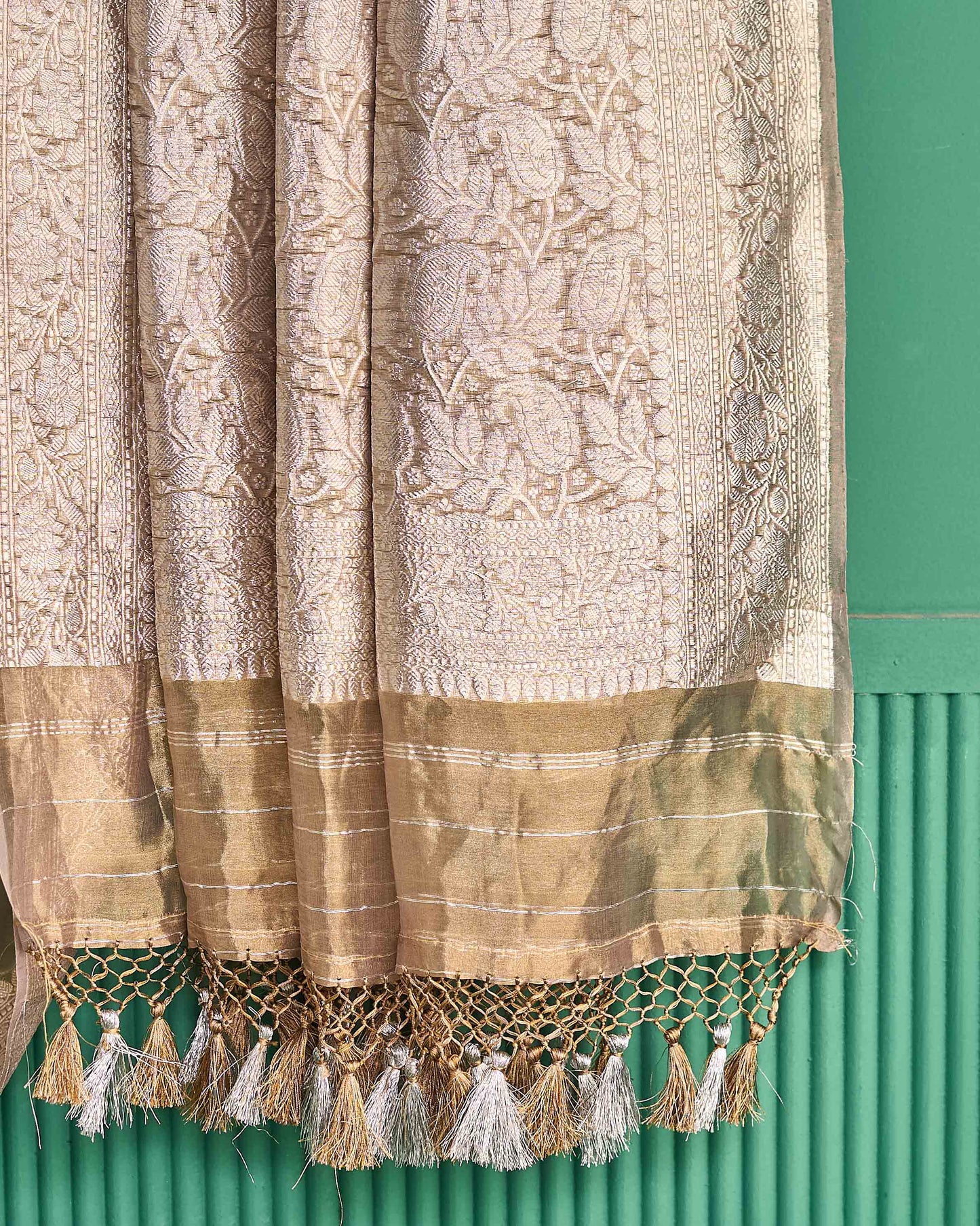 Golden pure silver chand tara tissue saree
