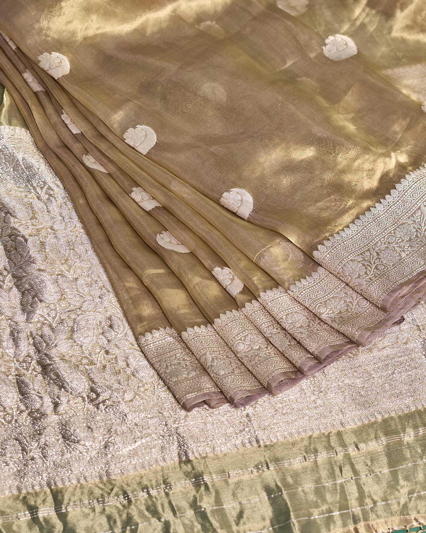 Golden pure silver chand tara tissue saree