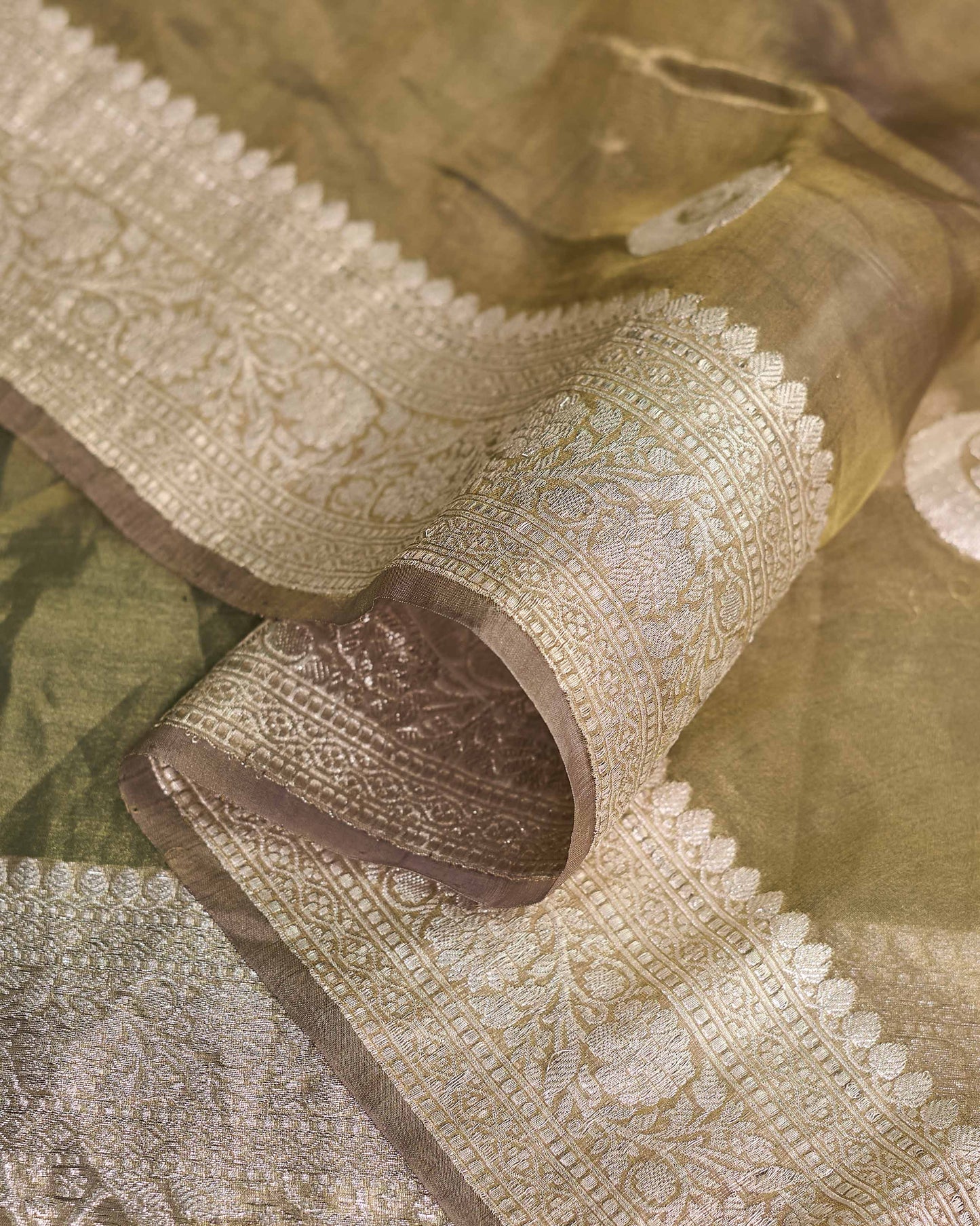 Golden pure silver chand tara tissue saree
