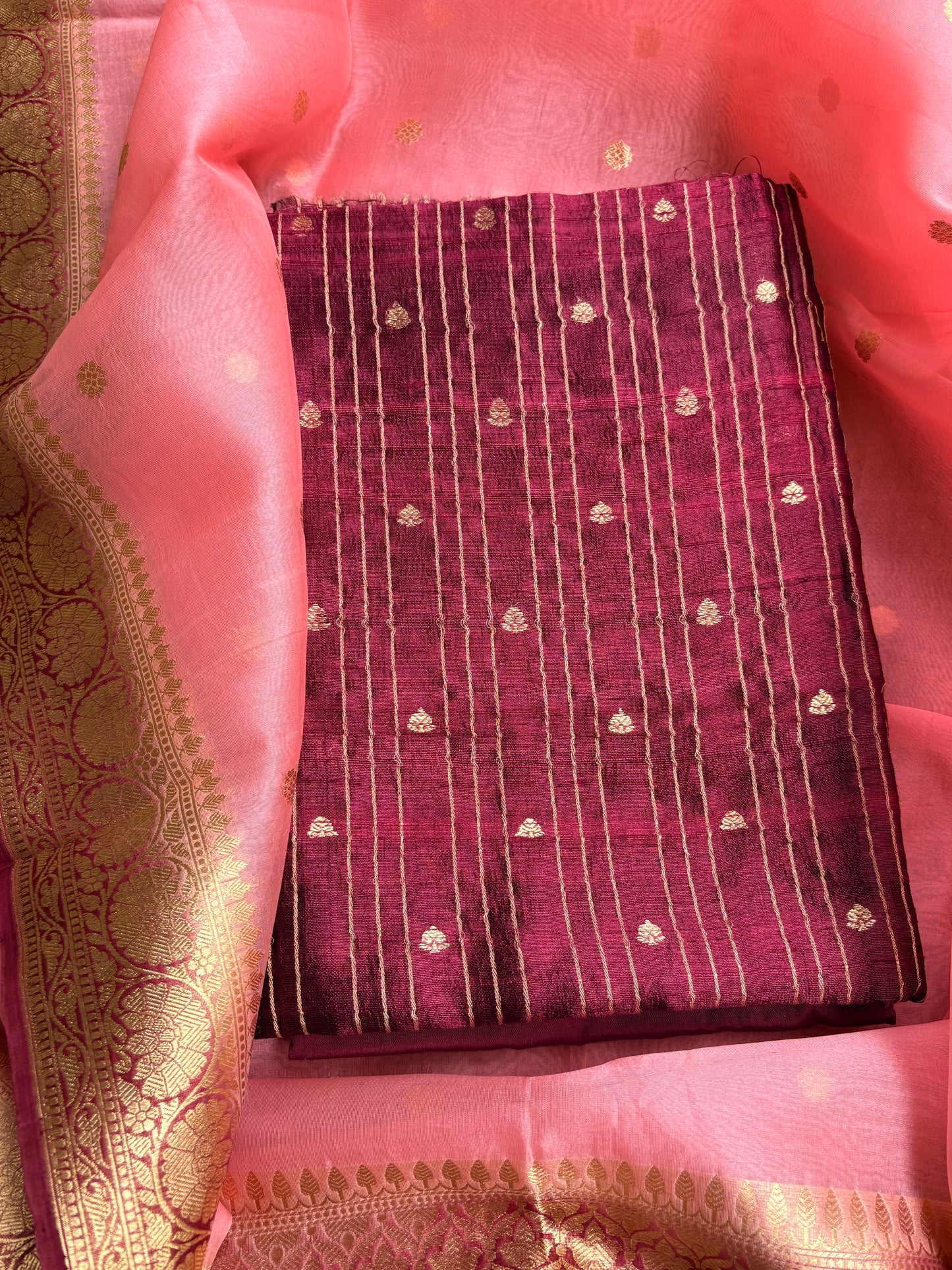 Wine raw silk kadhwa with kora kadhwa dupatta