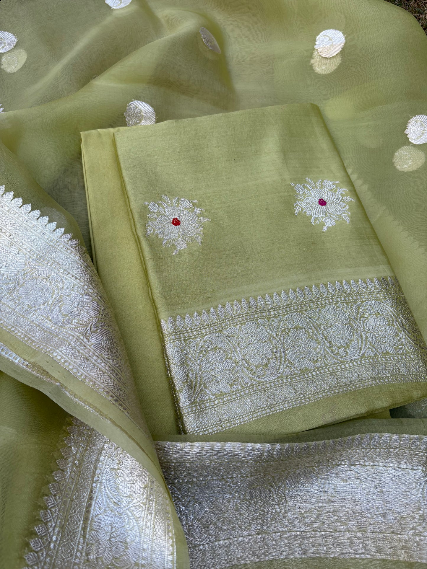 Green Chiniya silk silver zari 3 piece suit set