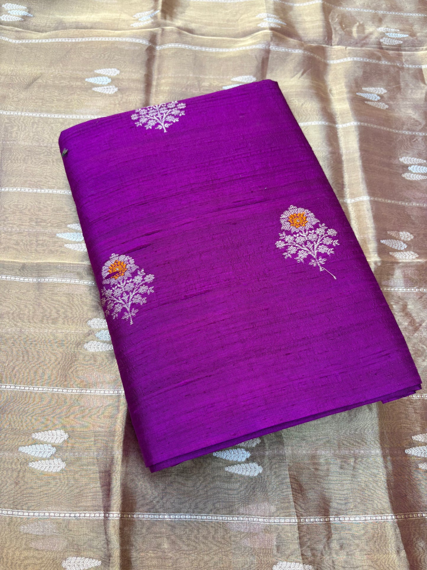 Purple raw silk kurta,bottom, kadhwa tissue dupatta