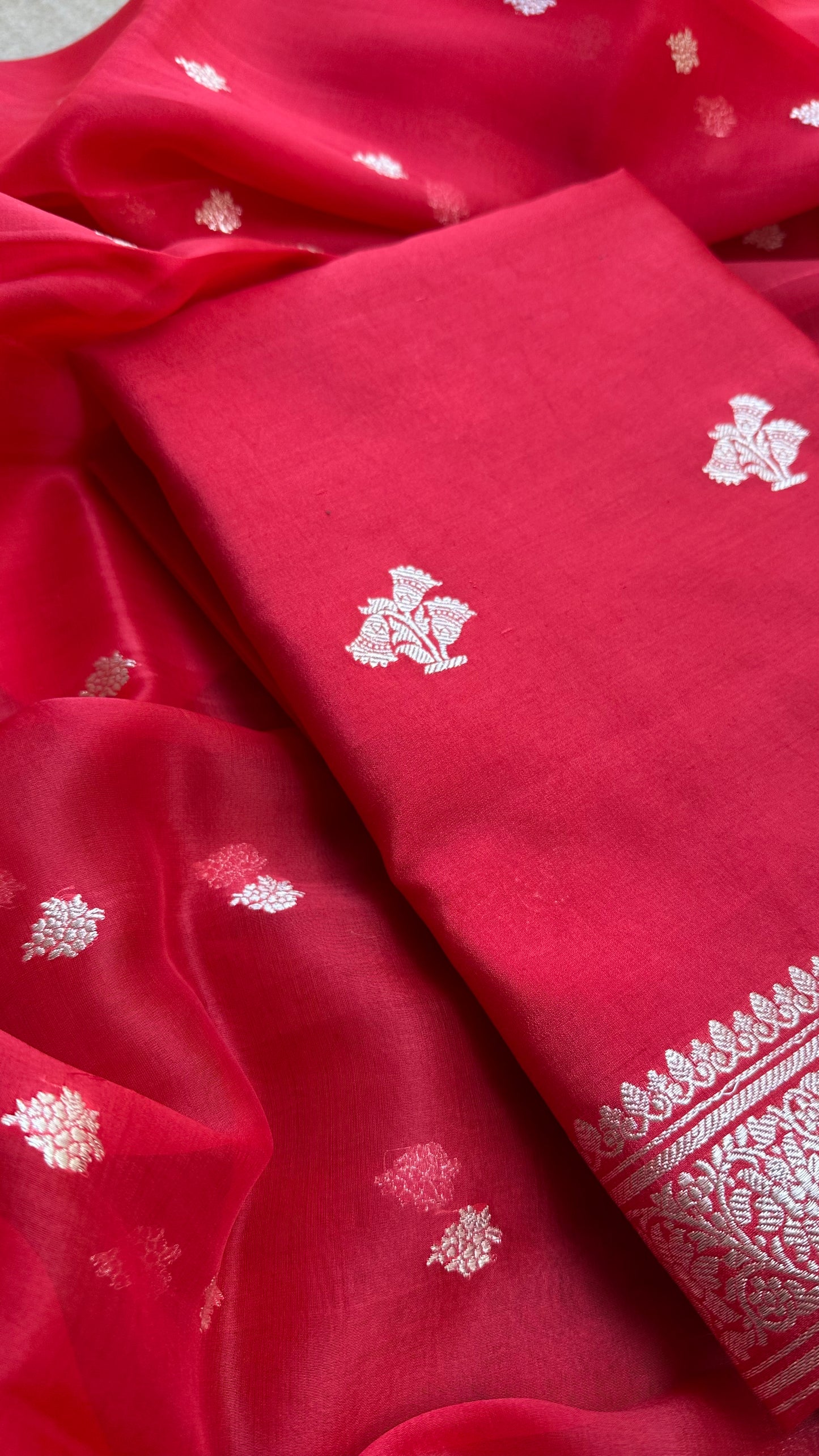 Red pure silver zari kurta, kora silver zari dupatta, plain bottom