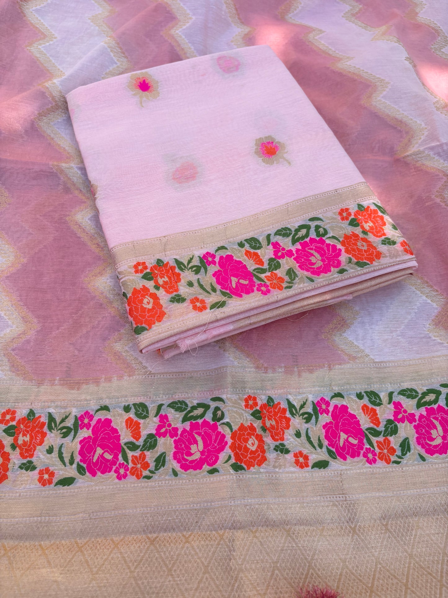 Pink meenadar Chanderi cotton 3 piece suit set