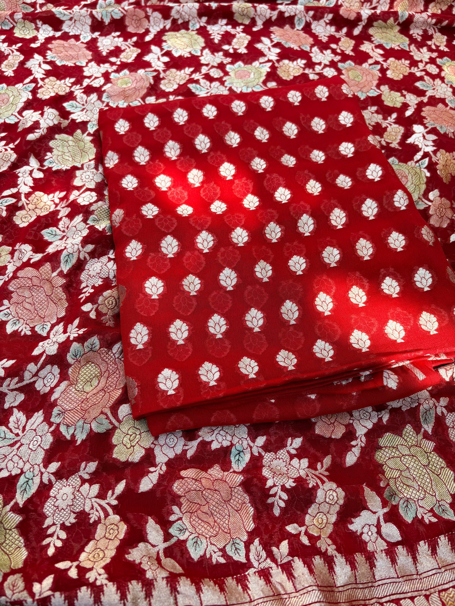 Red Khaddi georgette, hand brushed dupatta, plain bottom