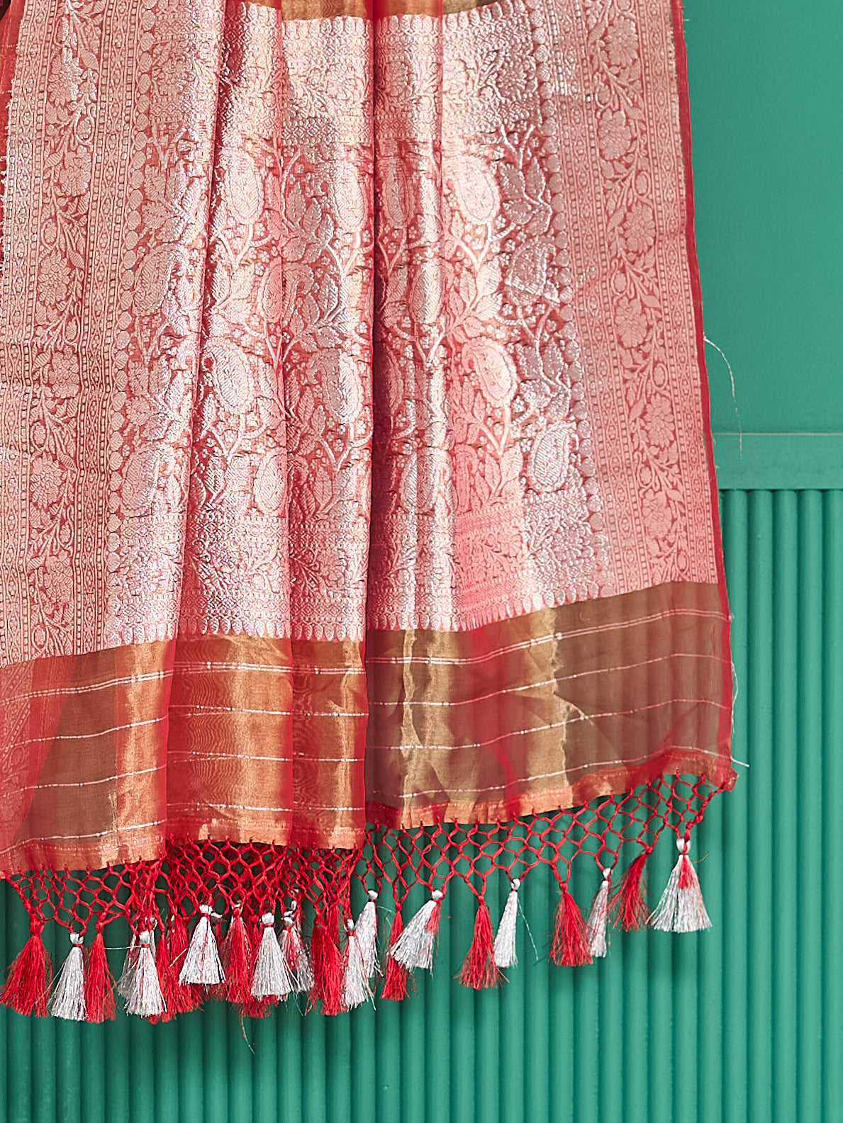 Red pure silver zari kadhwa tissue saree