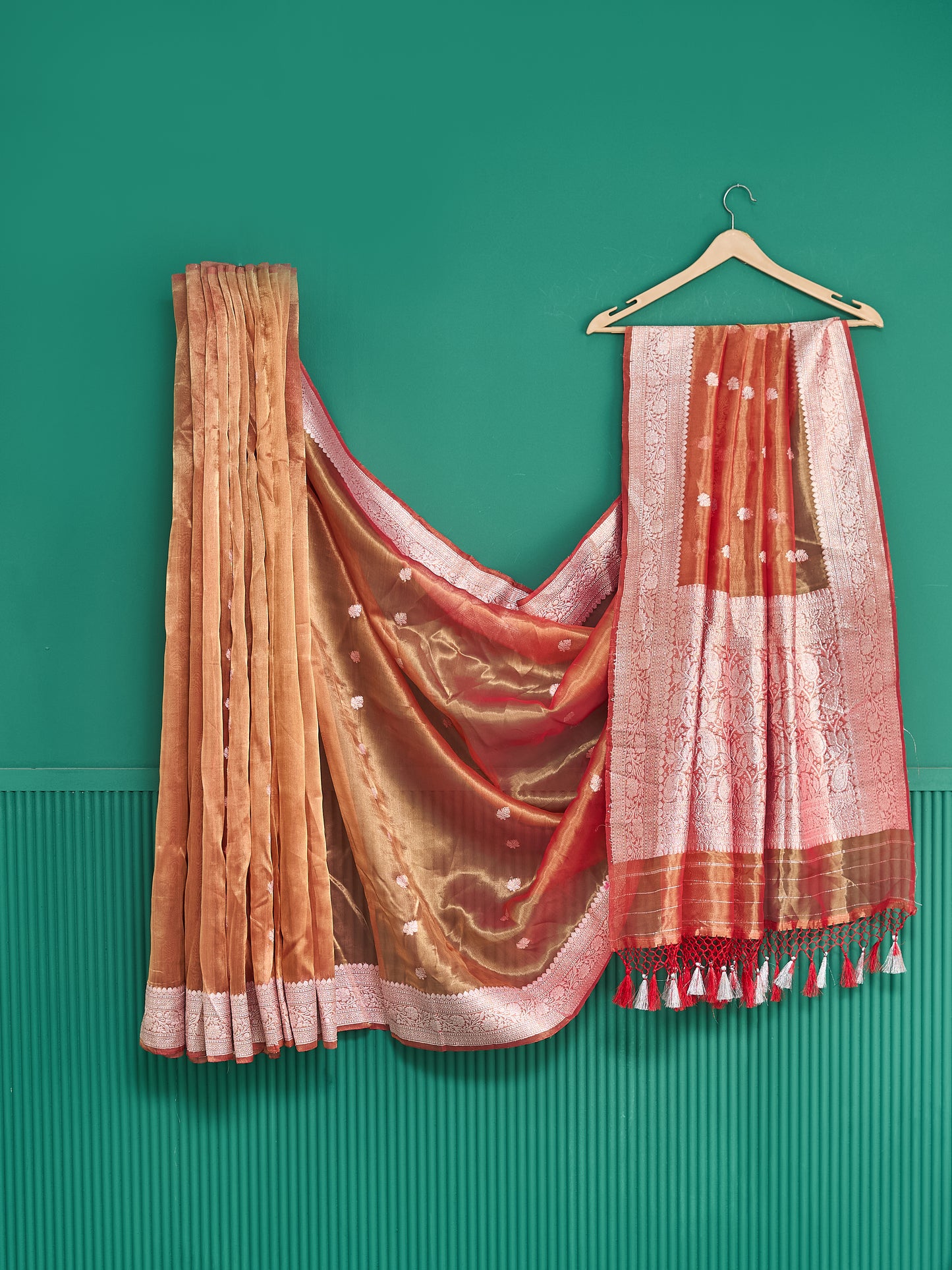 Red pure silver zari kadhwa tissue saree