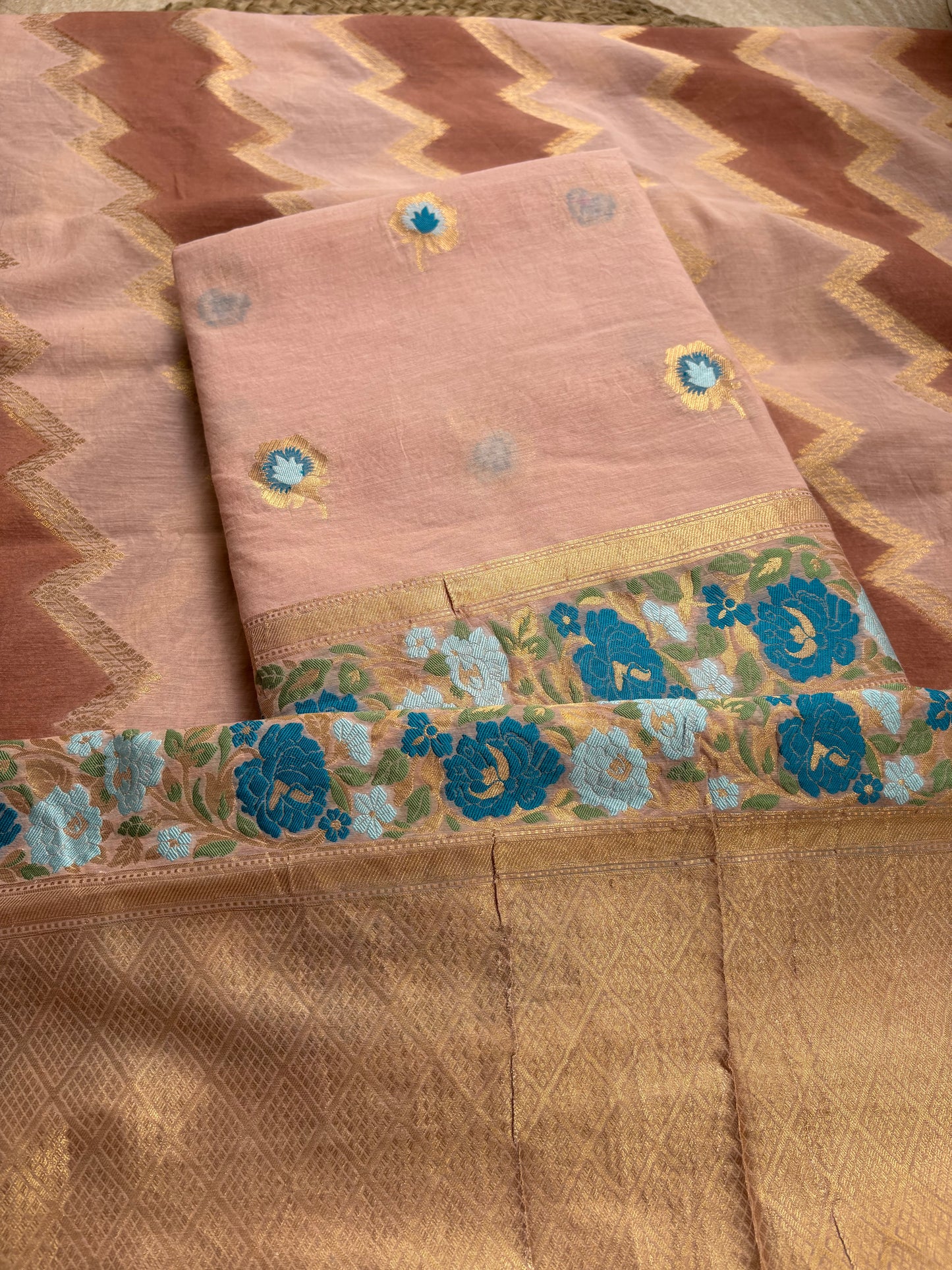Peach Chanderi cotton 3 piece suit set