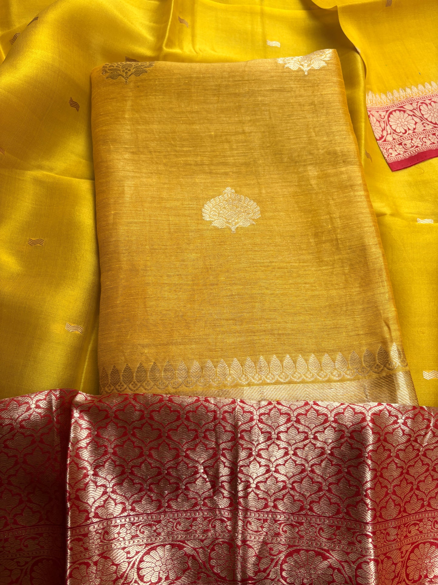 Yellow linen silk kurta, bottom, shaded kora dupatta