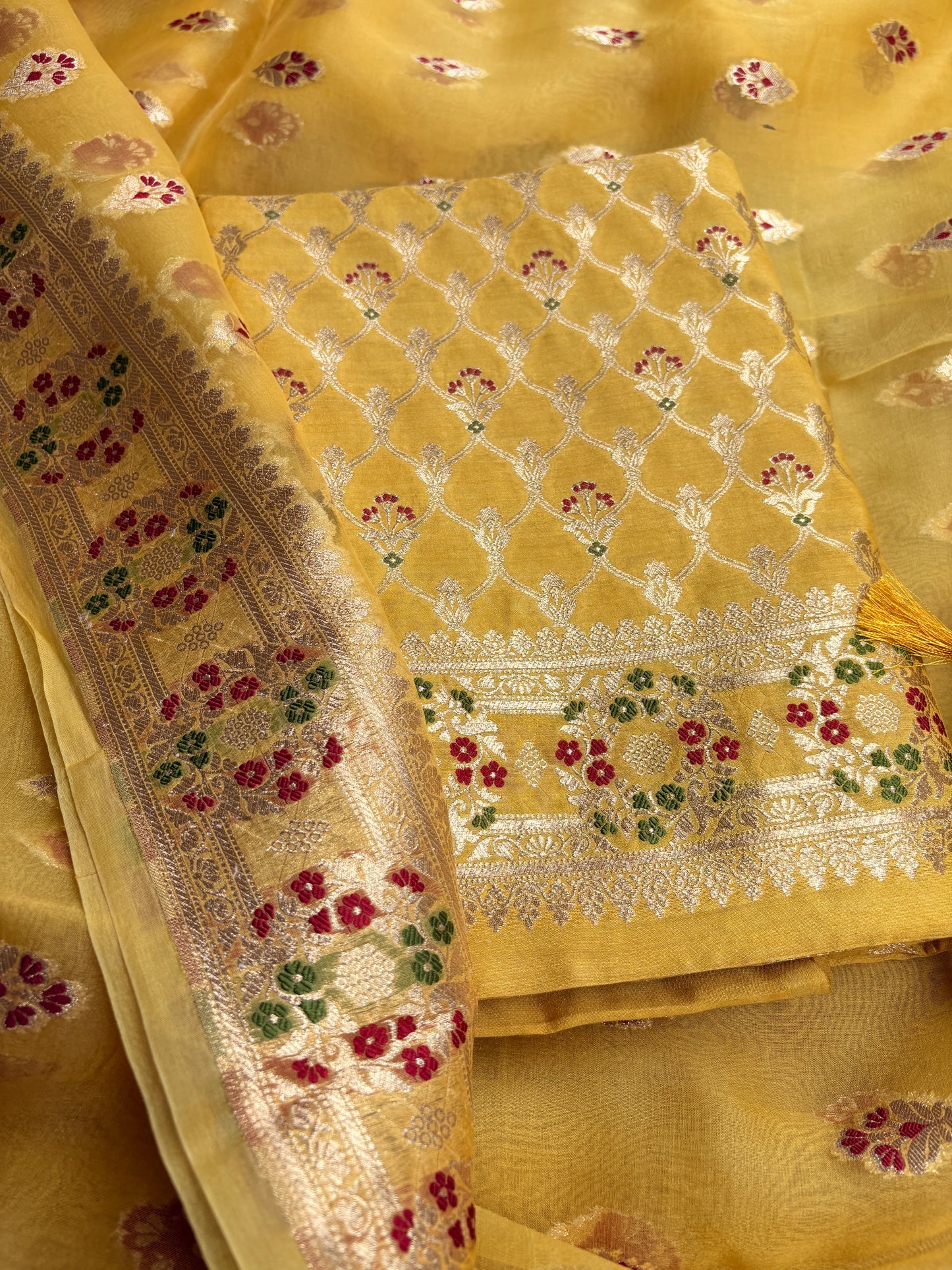 Yellow moonga silk kurta, kora kadhwa dupatta, plain bottom
