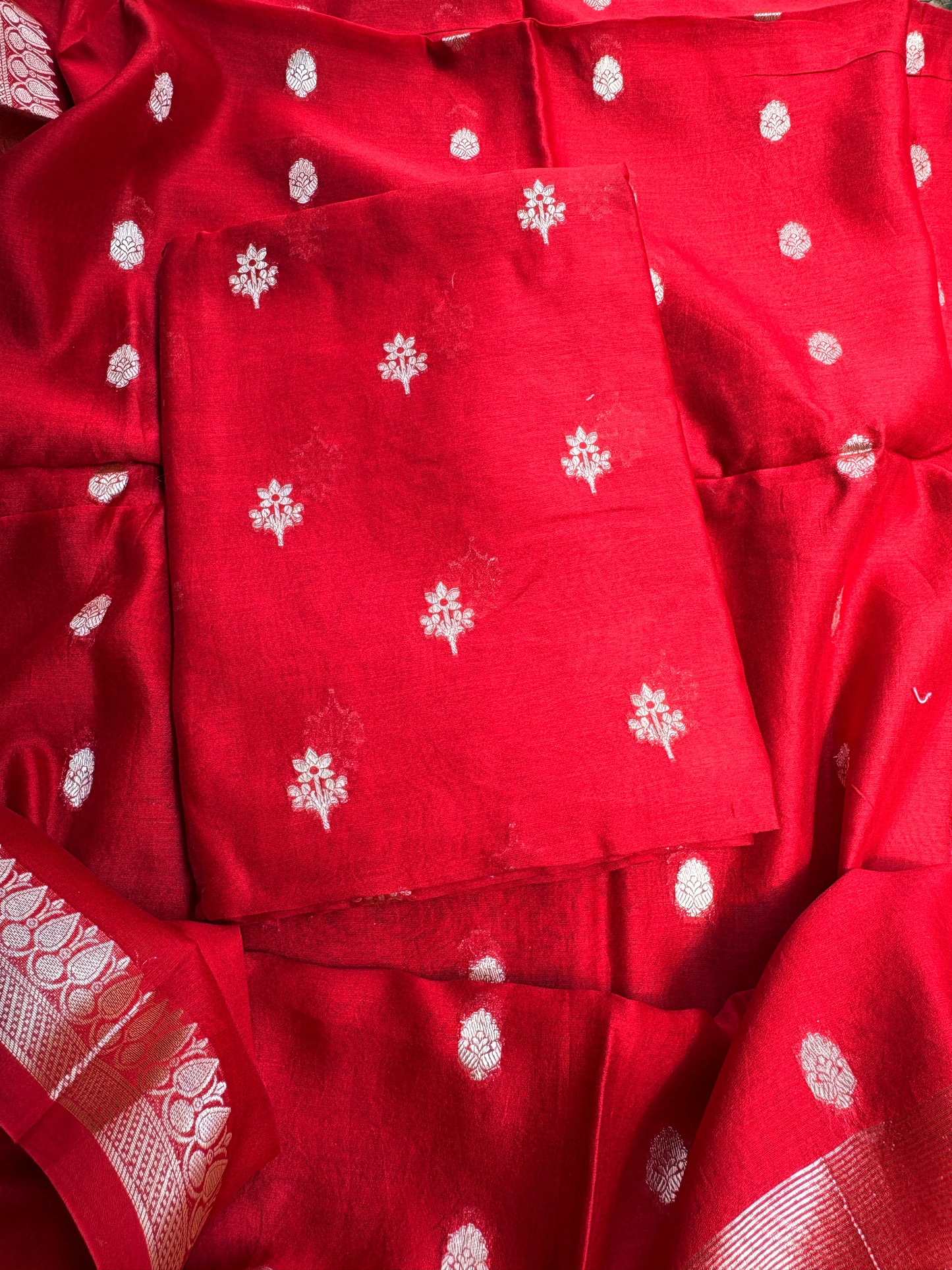 Red Chanderi silk 3 piece suit set