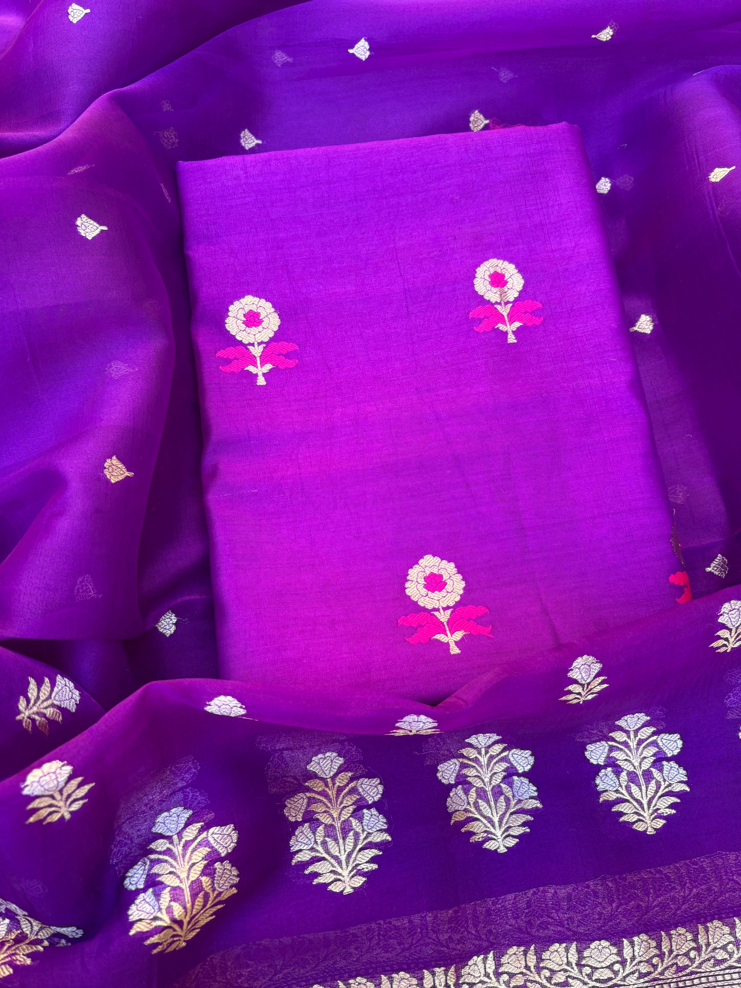 Purple meenadar Chiniya silk kurta, kora silk dupatta, plain bottom