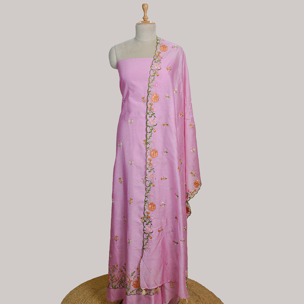 Pink Chanderi silk embroidered suit set