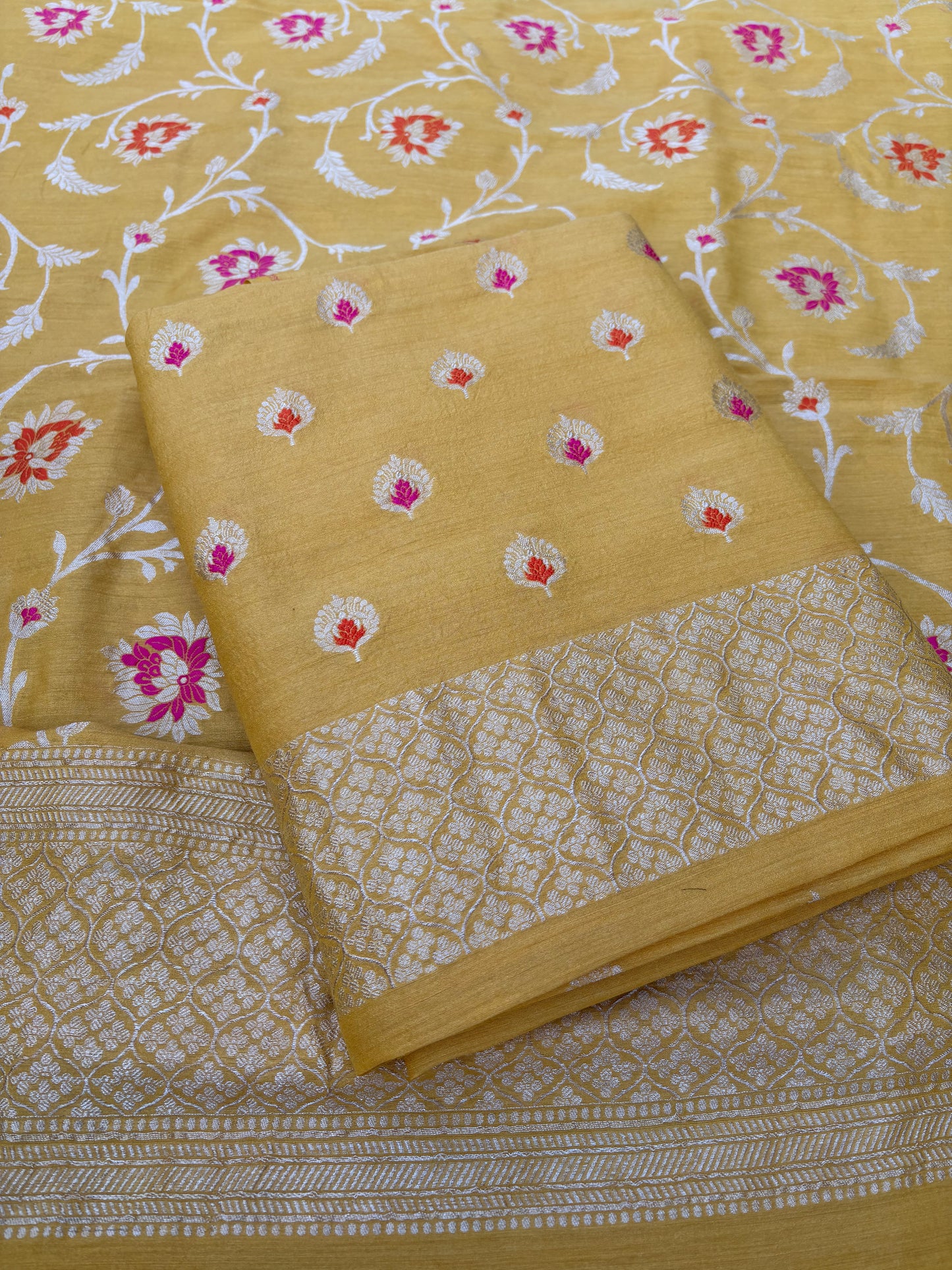 Yellow meenadar moonga silk jaal suit set