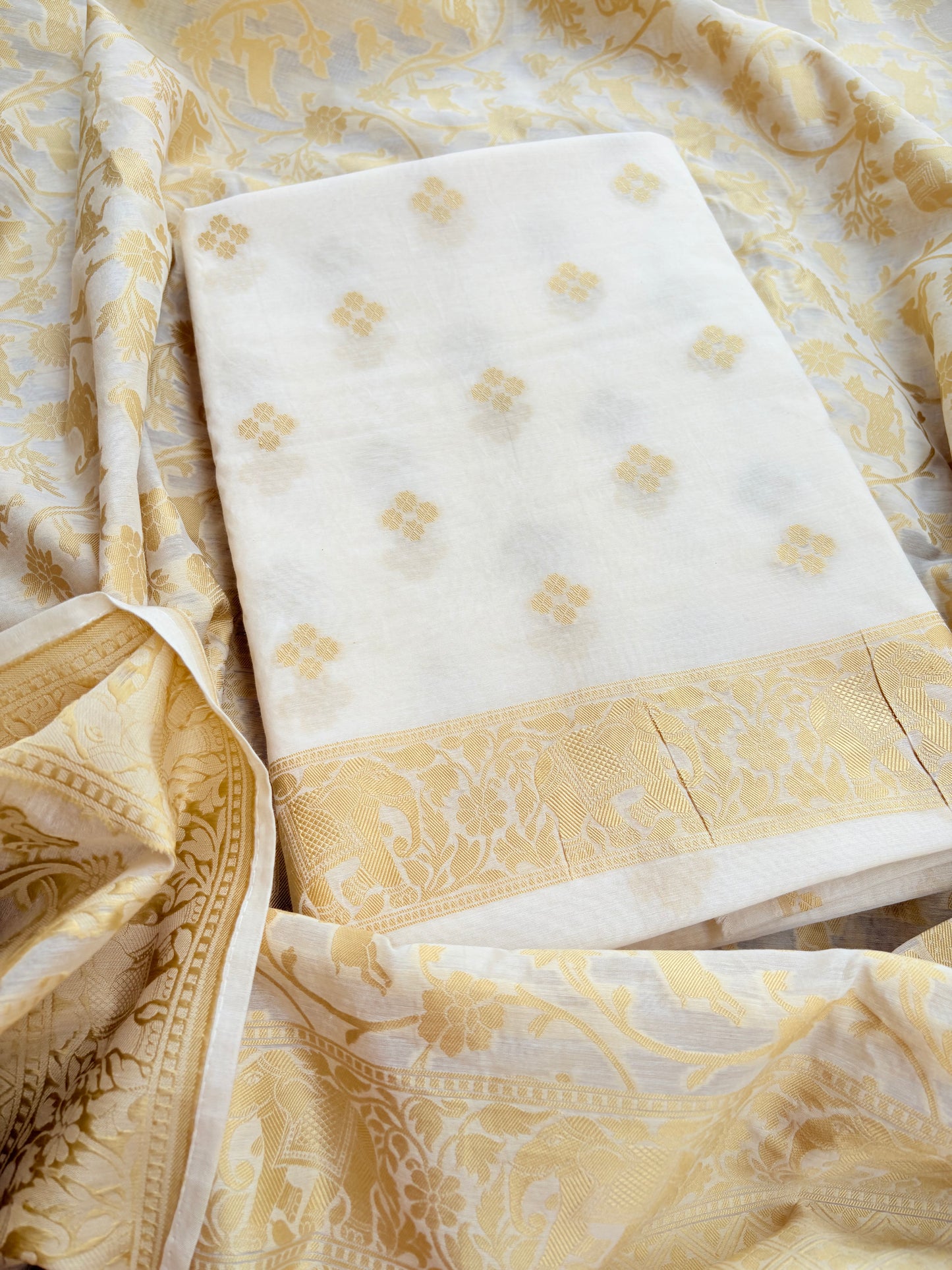 White base Chanderi shikargah suit set