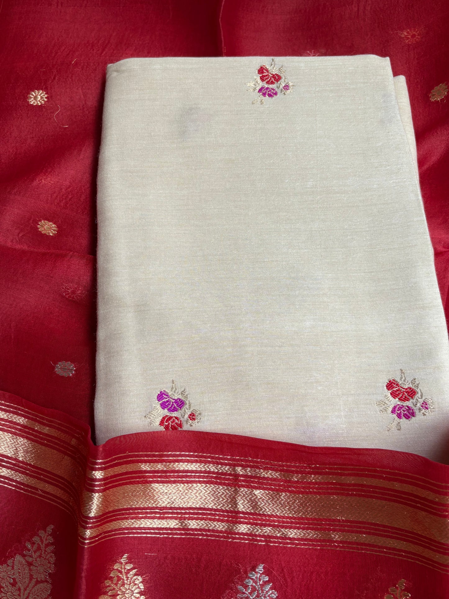 Cream moonga silk meenadar kurta, kora silk dupatta, plain silk bottom