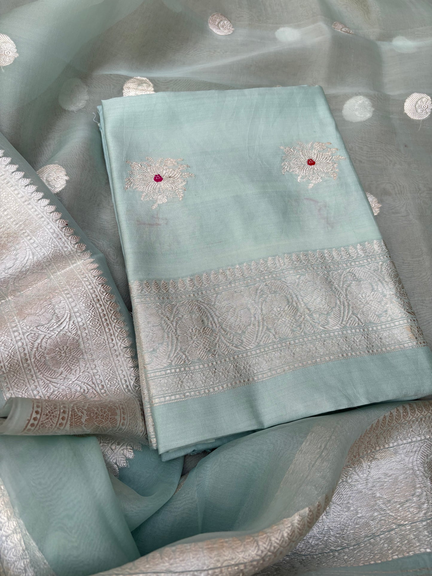 Blue Chiniya kora silver zari 3 piece suit set