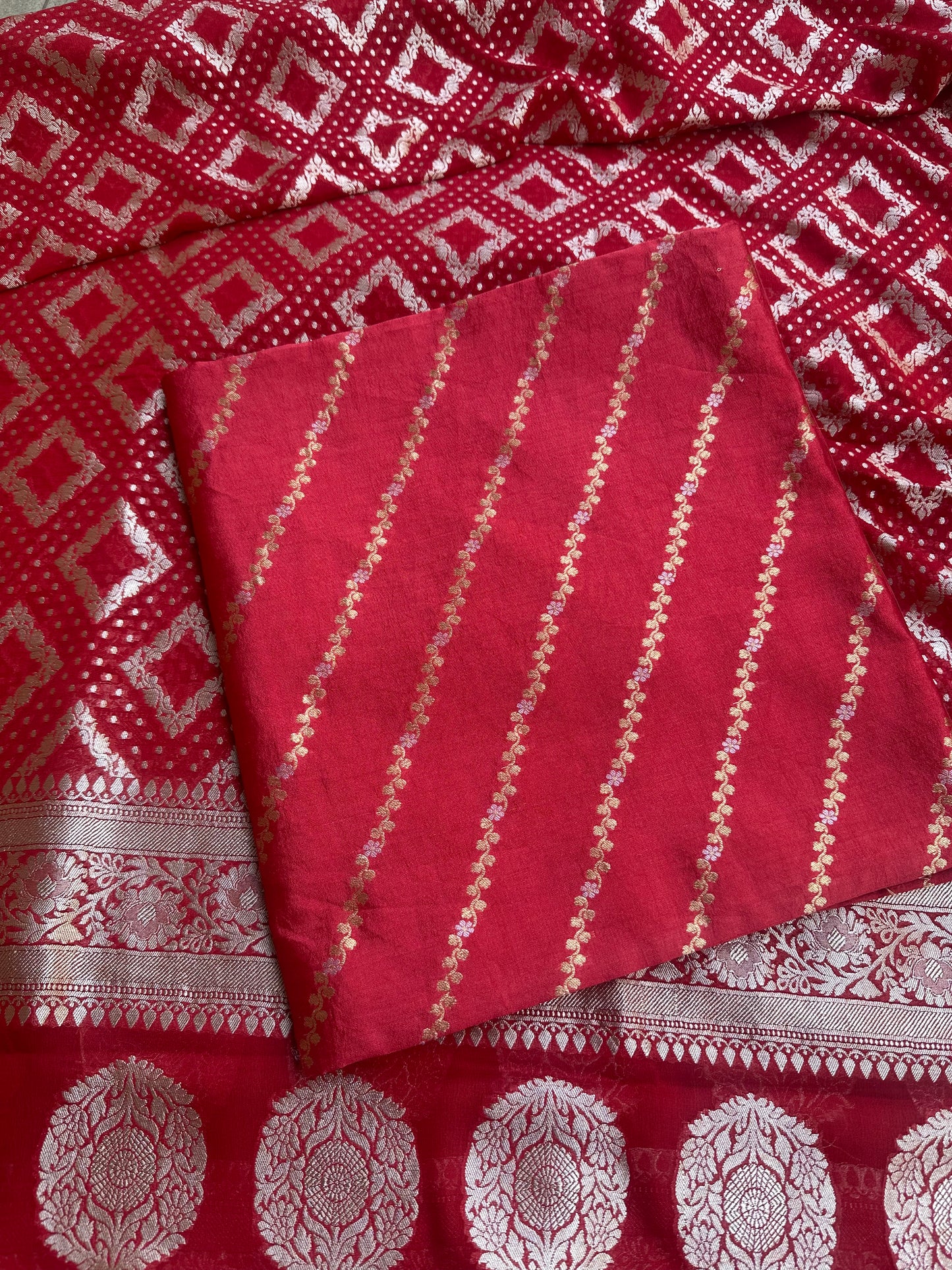 Red chiniya silk kurta, khaddi georgette dupatta, plain silk bottom